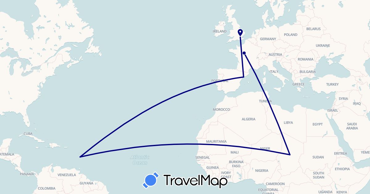 TravelMap itinerary: driving in Spain, France, United Kingdom, Martinique, Chad (Africa, Europe, North America)